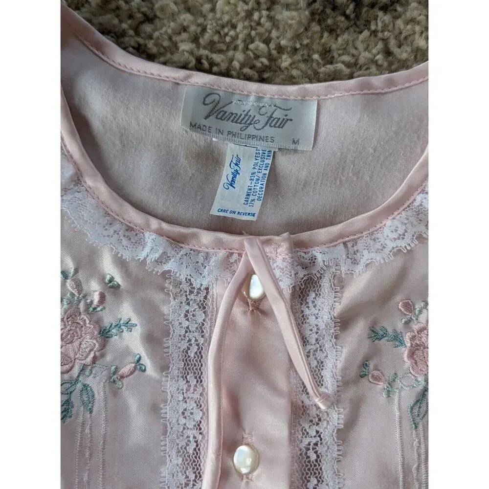 Vintage Vanity Fair Midi Nightgown Size Medium Pink Satin Lace Floral Embroidery